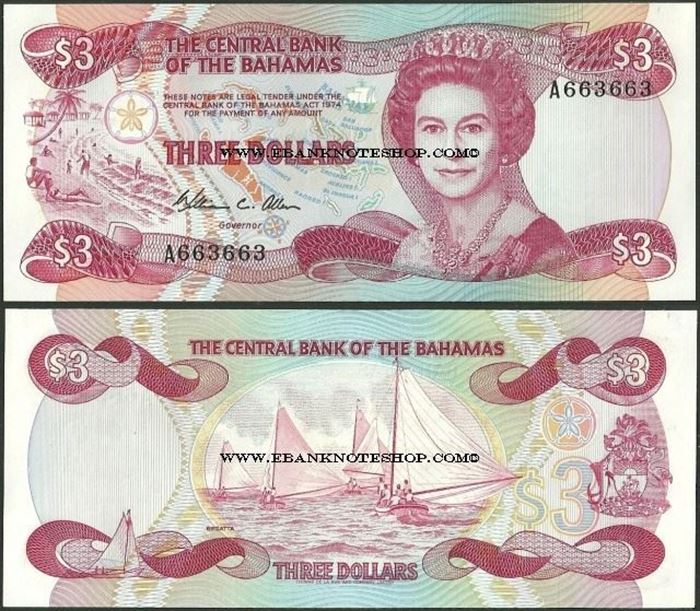 Picture of Bahamas,P44,B309,3 Dollars,1984