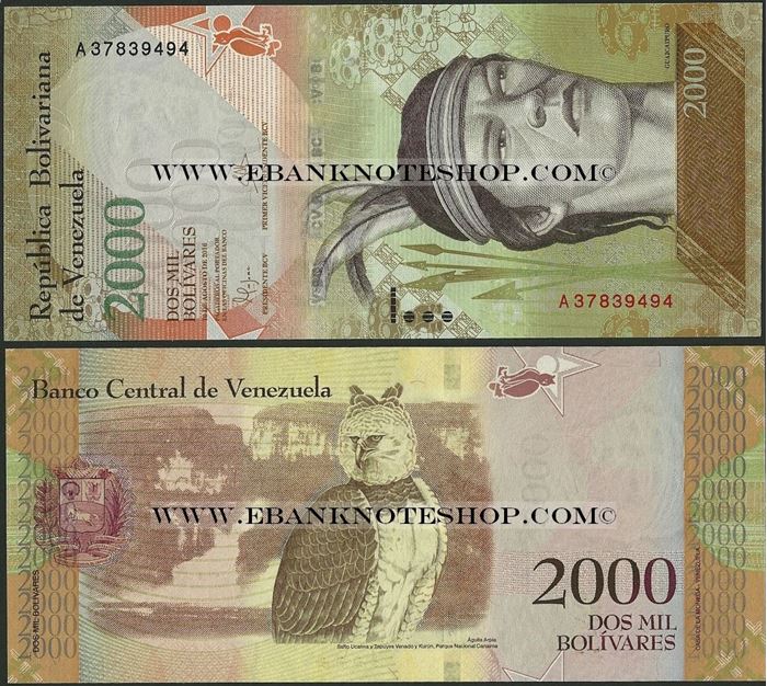 Picture of Venezuela,P096,B366a,2000 Bolivares,2016,A