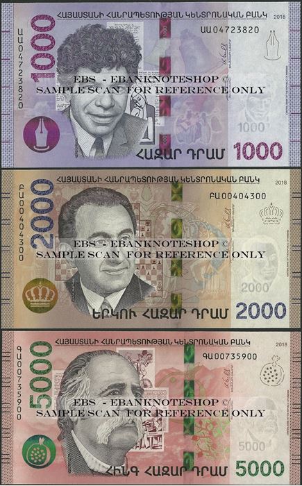 Picture of Armenia,3 NOTE SET - B319- B322,1000 - 5000 Dram,2018