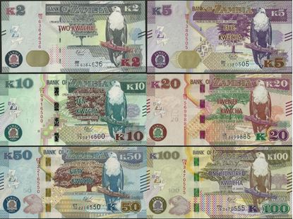 Picture of Zambia,SET - 6 Notes,PNew,B165-B170,2 to 100 Kwacha,2018