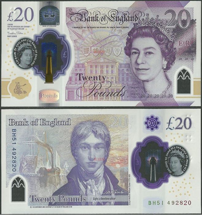 Picture of England,B205,20 Pounds,2019,Polymer,CJ/CK prefix