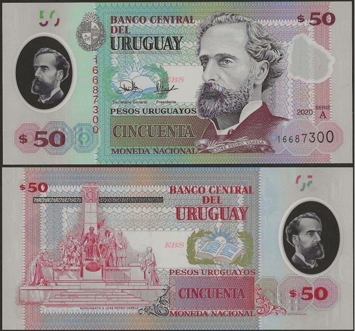 thumbnail image 2 of Uruguay 20 & 50 Pesos Uruguayos 2020 Polymer Banknote Set – P-New, A-Serie UNC 2 of 5