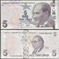 Picture of Turkey,P222e,B306e,5 Lira,F Prefix