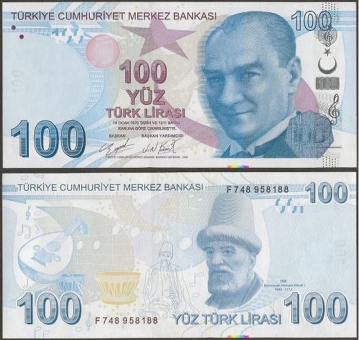Picture of Turkey,P226d,B304d,100 Lira,F Prefix