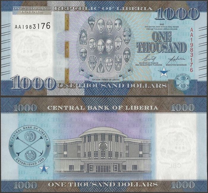 Picture of Liberia,P43a,B321a,1000 Dollars,2022