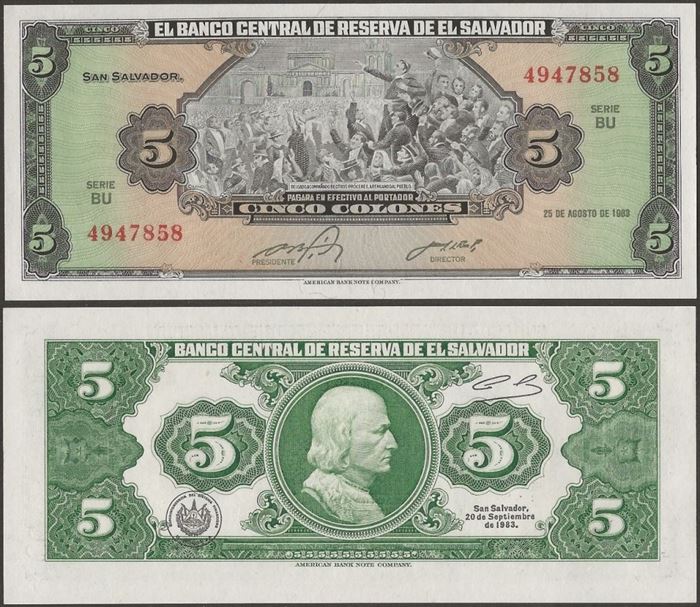 Picture of El Salvador,P134,B1064,5 Colones,1983