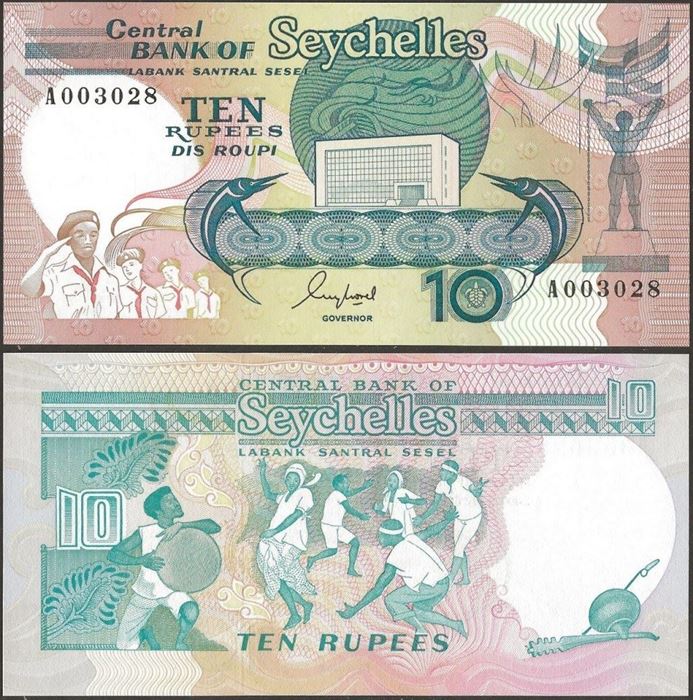 Picture of Seychelles,P32,B405a,10 Rupees,1989