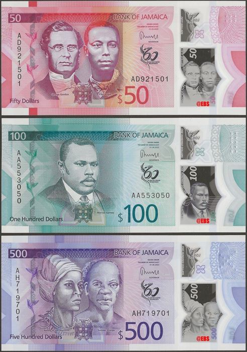 Picture of Jamaica,3 NOTE SET,50 100 500 Dollars,2023,Polymer