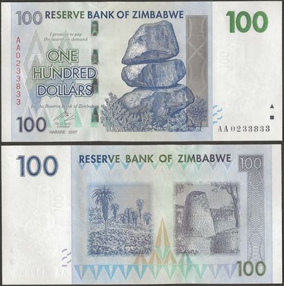 Picture of Zimbabwe,P069,B160,100 Dollars,2007,AA