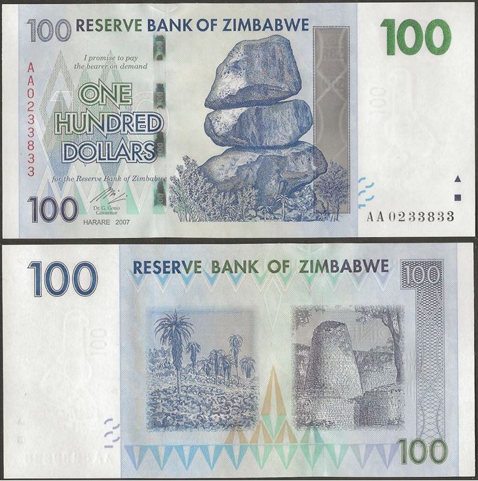 Picture of Zimbabwe,P069,B160,100 Dollars,2007,AA