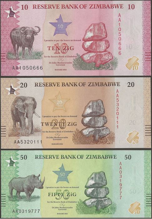 Picture of Zimbabwe,3 NOTE SET,10 to 50 Dollars,2026
