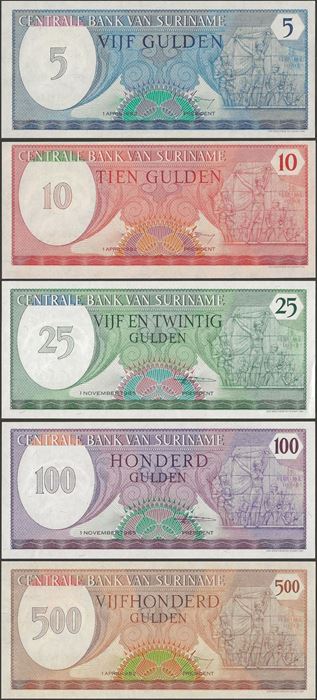 Picture of Suriname,5 NOTE SET,5 to 500 Gulden,1982-1985